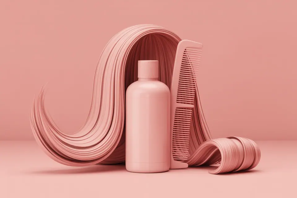 Stylized pink hair strands beside a plain pink bottle and comb.