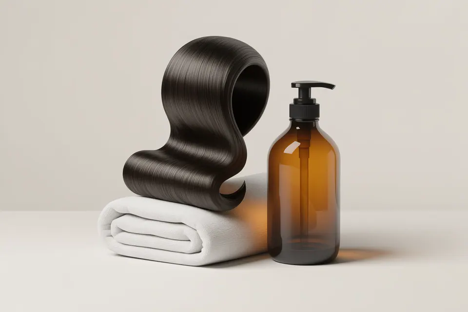 Sculpted dark hair lock beside an amber pump bottle and folded towel.
