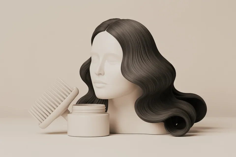 White mannequin head with dark wavy hair beside a comb and plain jar.