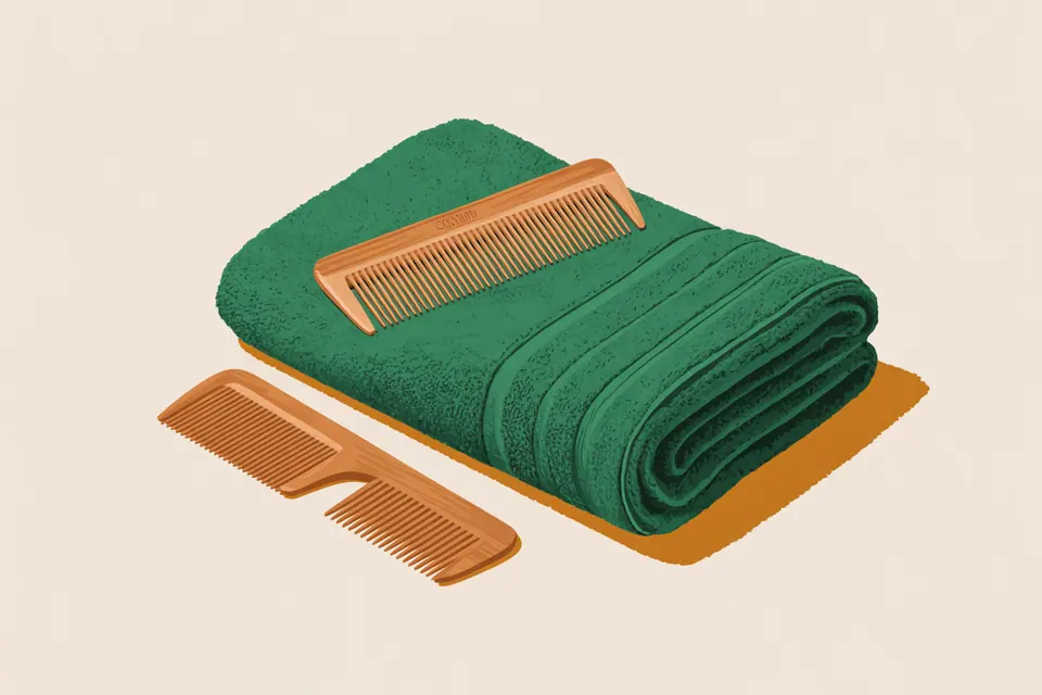 Wooden combs with different tooth spacing beside a folded green towel.