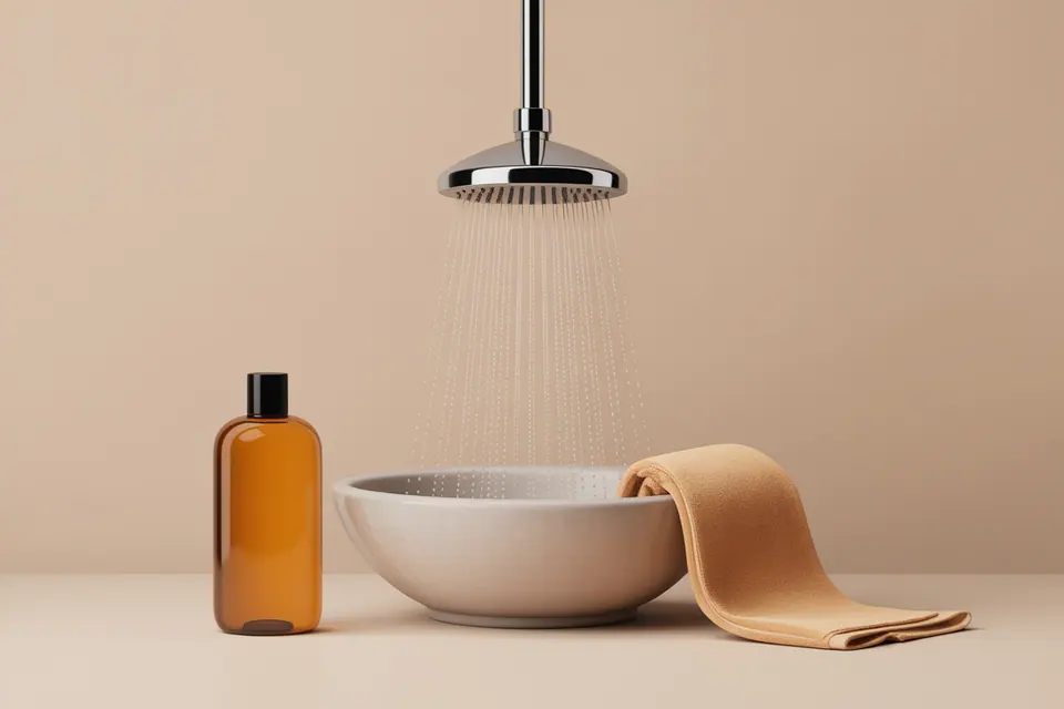 Shower head spraying into a basin beside an amber bottle and draped towel.