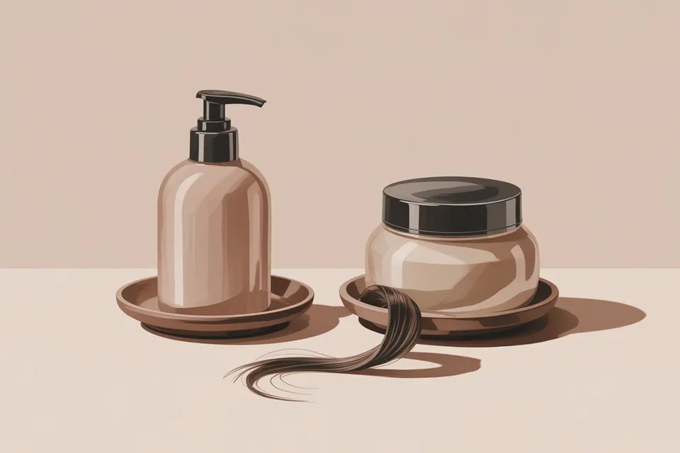Plain pump bottle and lidded jar on ceramic dishes beside a loose lock of hair.