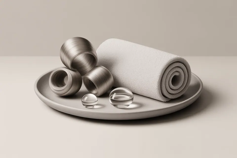 Curled hair-shaped forms, clear droplets and a rolled towel arranged on a ceramic tray.