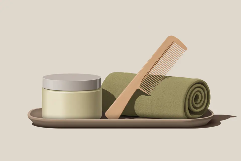 Plain conditioner jar, wooden comb and rolled olive towel on a tray.