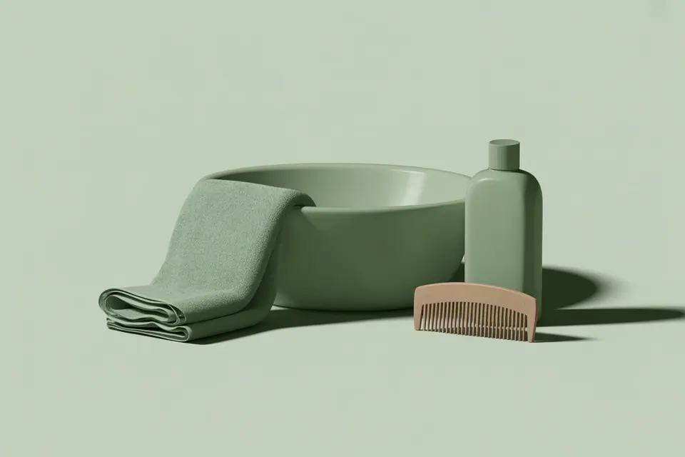 Green washbasin, towel and plain bottle beside a small comb.