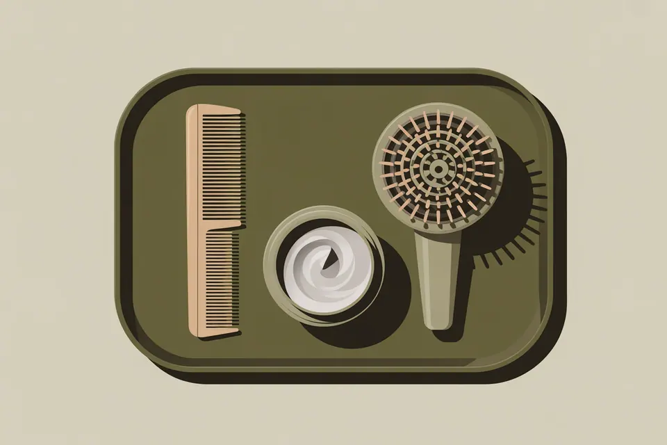 Comb, styling jar and rounded hair tool arranged on an olive tray.