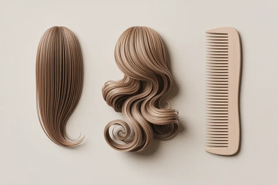 Hair locks with smooth and wavy outlines beside a wooden comb.