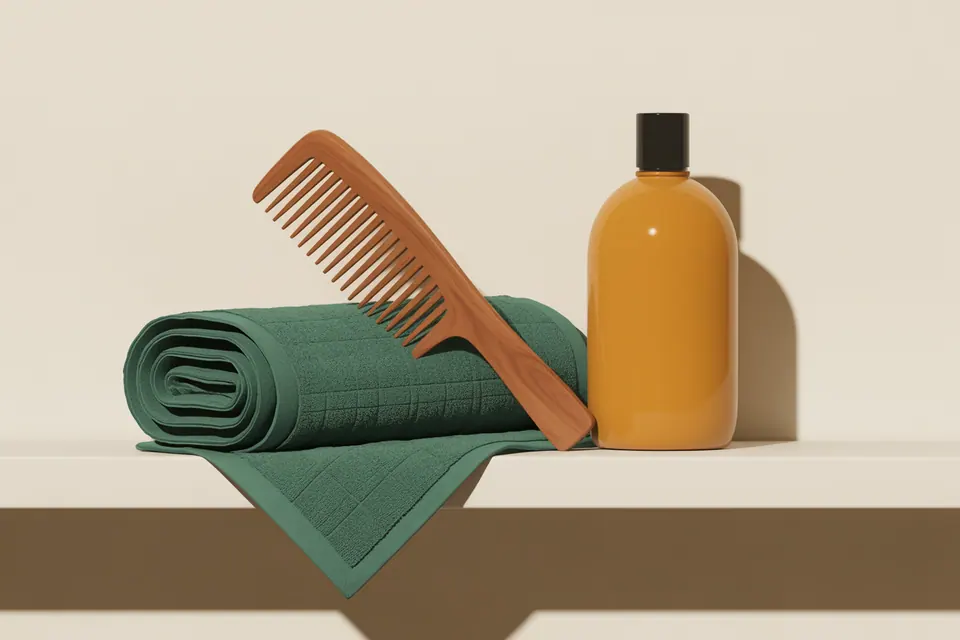 Wooden comb, folded green towel and a plain amber bottle on an ivory shelf.