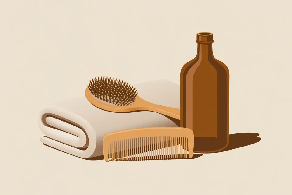 Wooden brush and comb beside a folded ivory towel and an amber bottle.