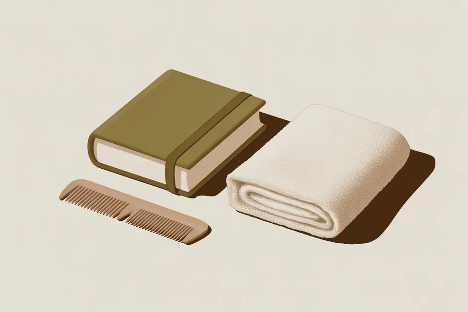 Closed olive book beside a wooden comb and folded ivory towel.