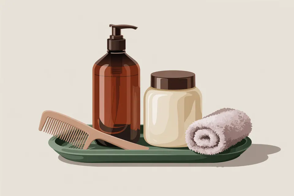 Plain amber pump bottle, ivory jar, comb and rolled towel on a green tray.