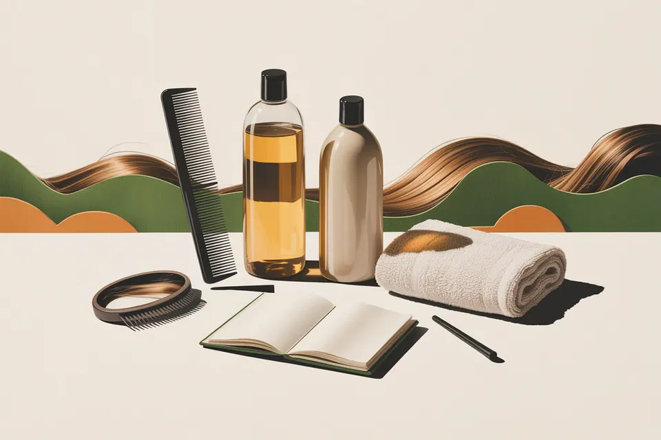 Illustrated hair-care bottles, comb, towel and open notebook beside flowing hair-shaped ribbons.